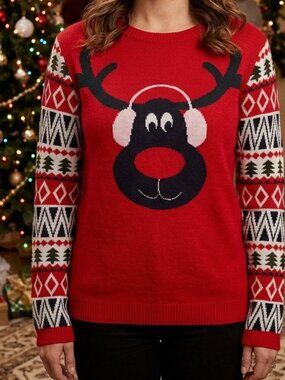 Only Because It's A Passion Women's Red Christmas Knit Sweater Reindeer Rudolph